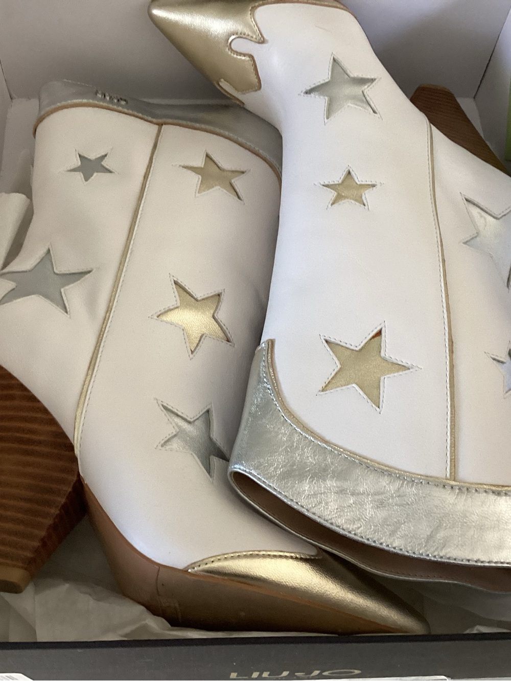 Liu Jo White Leather Heeled Boots with Gold and Silver Star Accents